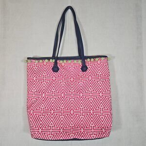 Clinique Pink Geometric Print Beach Tote Bag Navy Handles Pom Poms